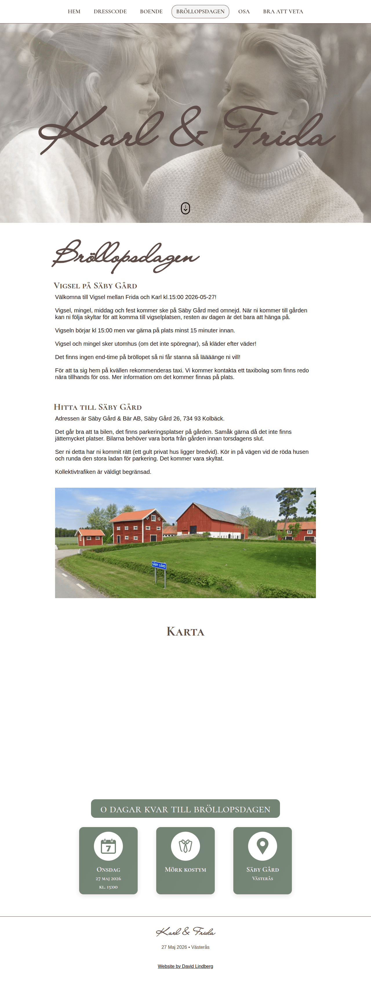A wedding invitation webpage featuring a romantic photo of a couple, Karl and Frida, overlaid with elegant text, along with details about their wedding ceremony.