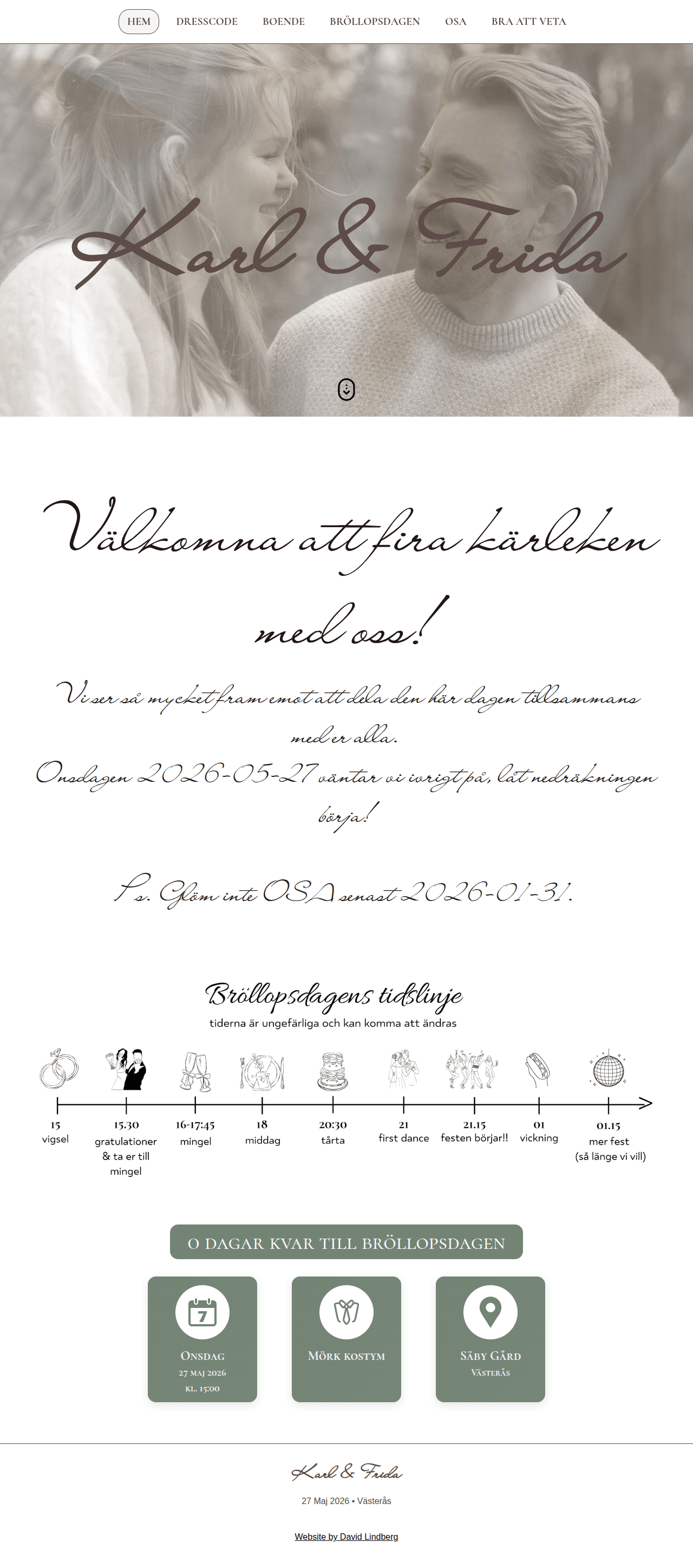 A wedding invitation webpage featuring a smiling couple, Karl and Frida, with elegant typography welcoming guests to celebrate their love.