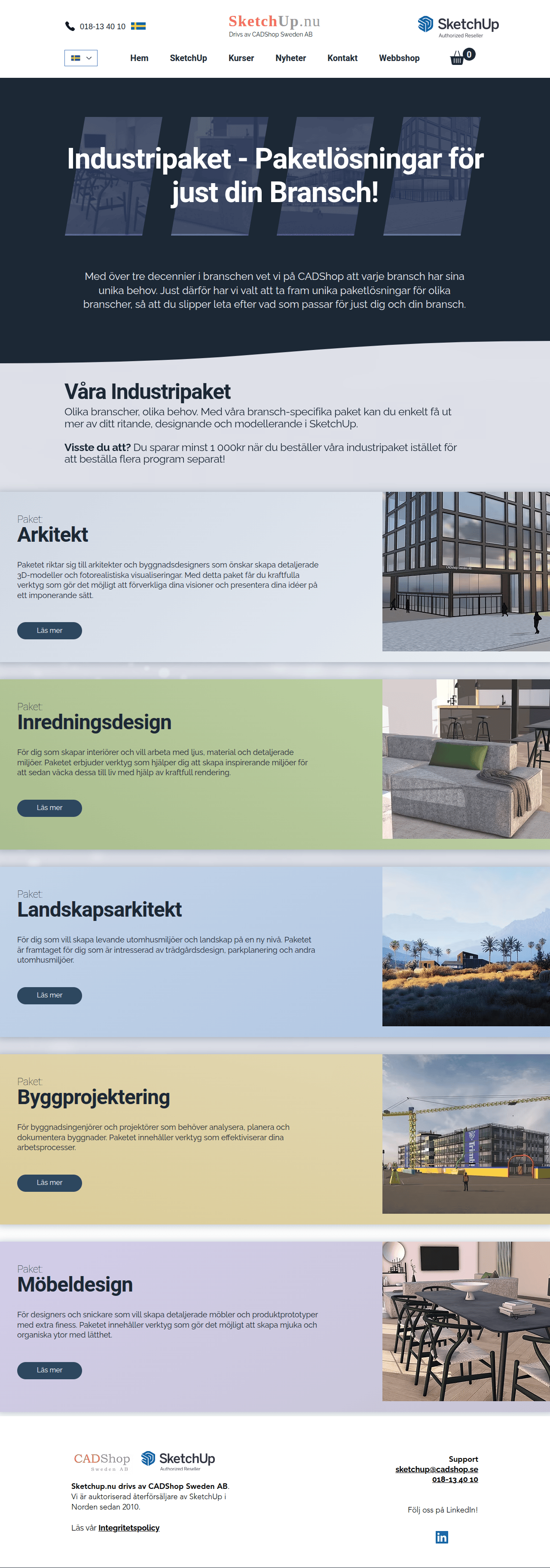 Homepage of SketchUp.nu showcasing industry packages for various design fields including architecture, interior design, landscaping, construction project management, and furniture design.