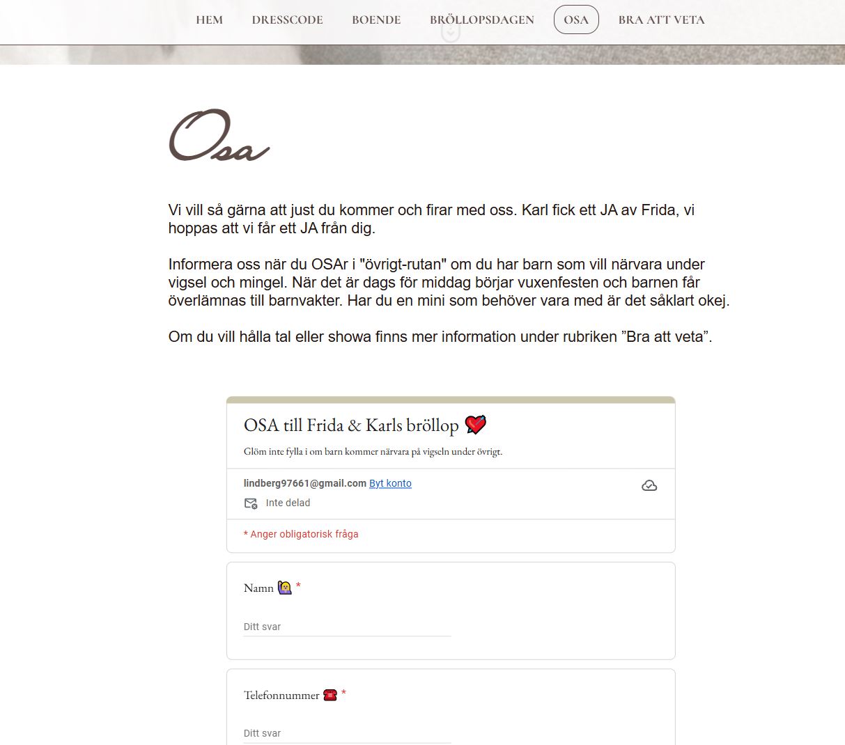 Invitation page for the wedding of Frida and Karl, featuring RSVP form and additional information.