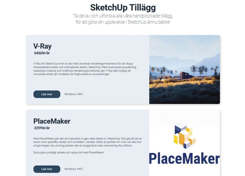 A webpage showcasing two plugins for SketchUp: V-Ray and PlaceMaker. V-Ray section includes pricing and details on its rendering capabilities, while PlaceMaker section highlights its features for importing geo-data. Both sections indicate compatibility with Windows and Mac.