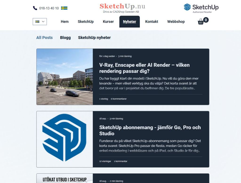 A website interface featuring posts about SketchUp, including articles on rendering options and subscription plans.