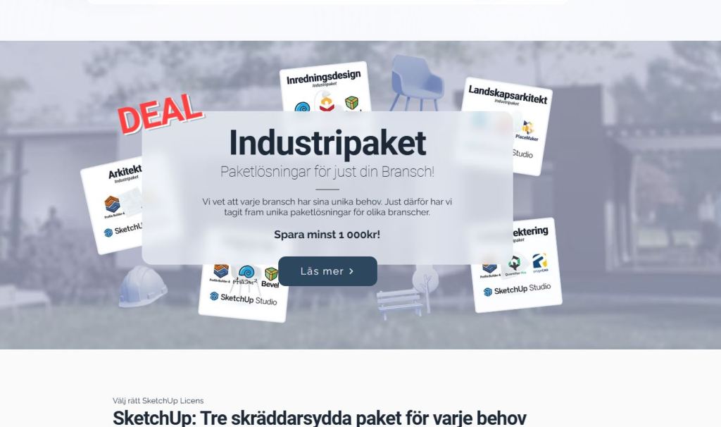 Promotional image for SketchUp showing various industry packages and licenses. Central text highlights 'Industripaket' with a 'DEAL' tag, offering tailored solutions for different professions.