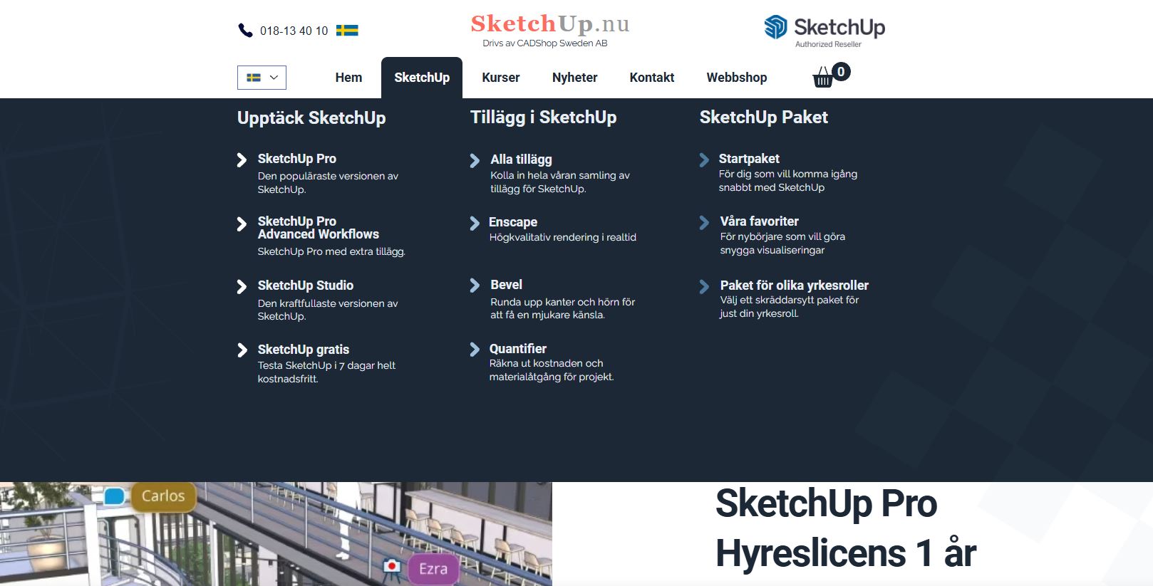 Screenshot of the SketchUp website showcasing different versions and features of SketchUp software, including SketchUp Pro, SketchUp Studio, and available add-ons.