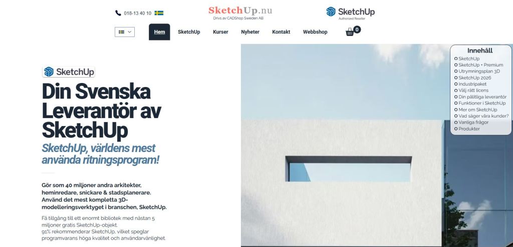 Screenshot of the SketchUp.nu website, showcasing information about SketchUp, a popular design software, with details on courses, features, and a call to action.