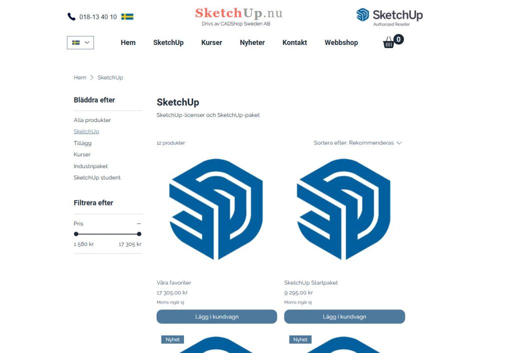 Screenshot of the SketchUp website showing product listings, navigation menu, and a shopping cart icon.