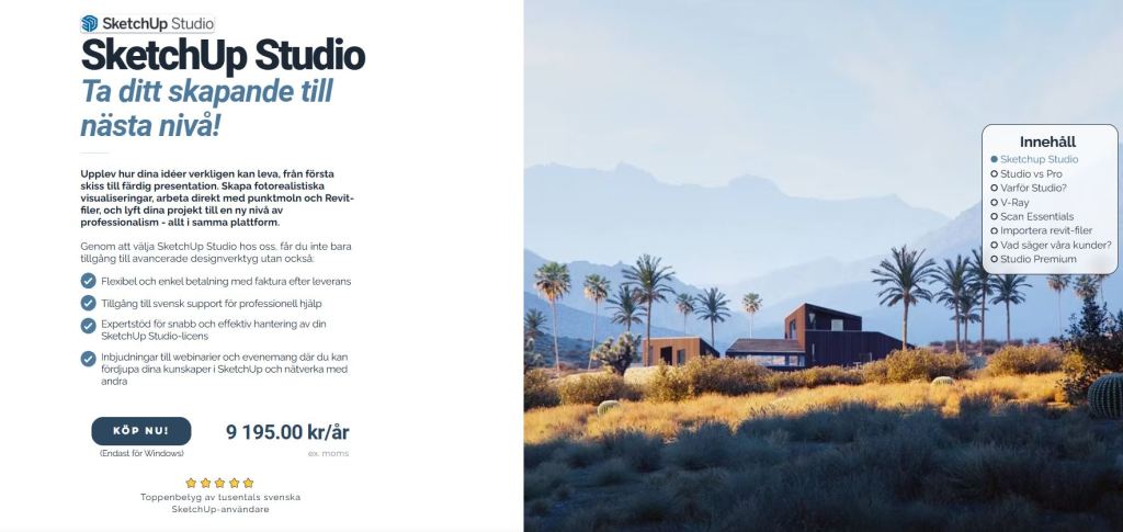 Promotional image for SketchUp Studio, featuring a modern architectural design in a desert landscape with palm trees and mountains in the background, along with a description of features and pricing in Swedish.