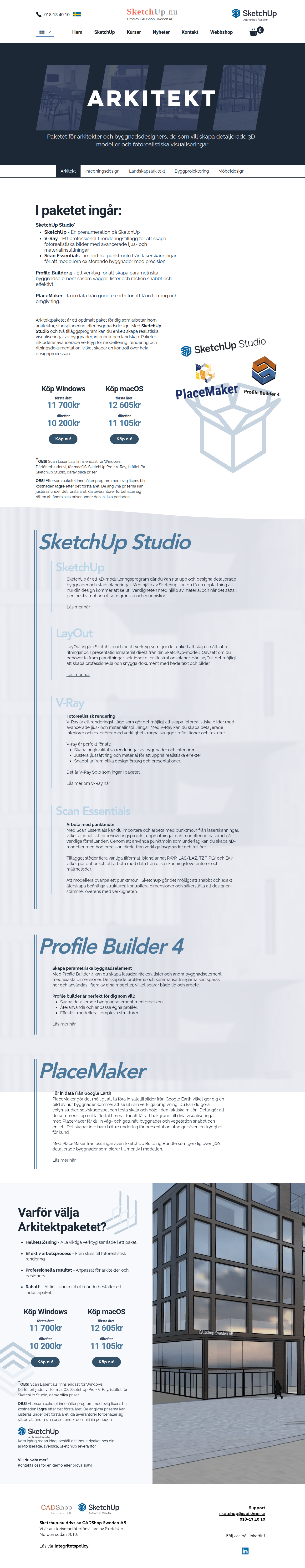 A web page with information about the Architect package from SketchUp, featuring software offerings like SketchUp Studio, Profile Builder 4, and PlaceMaker. The page includes pricing details for Windows and macOS versions and promotional benefits for architects and designers.